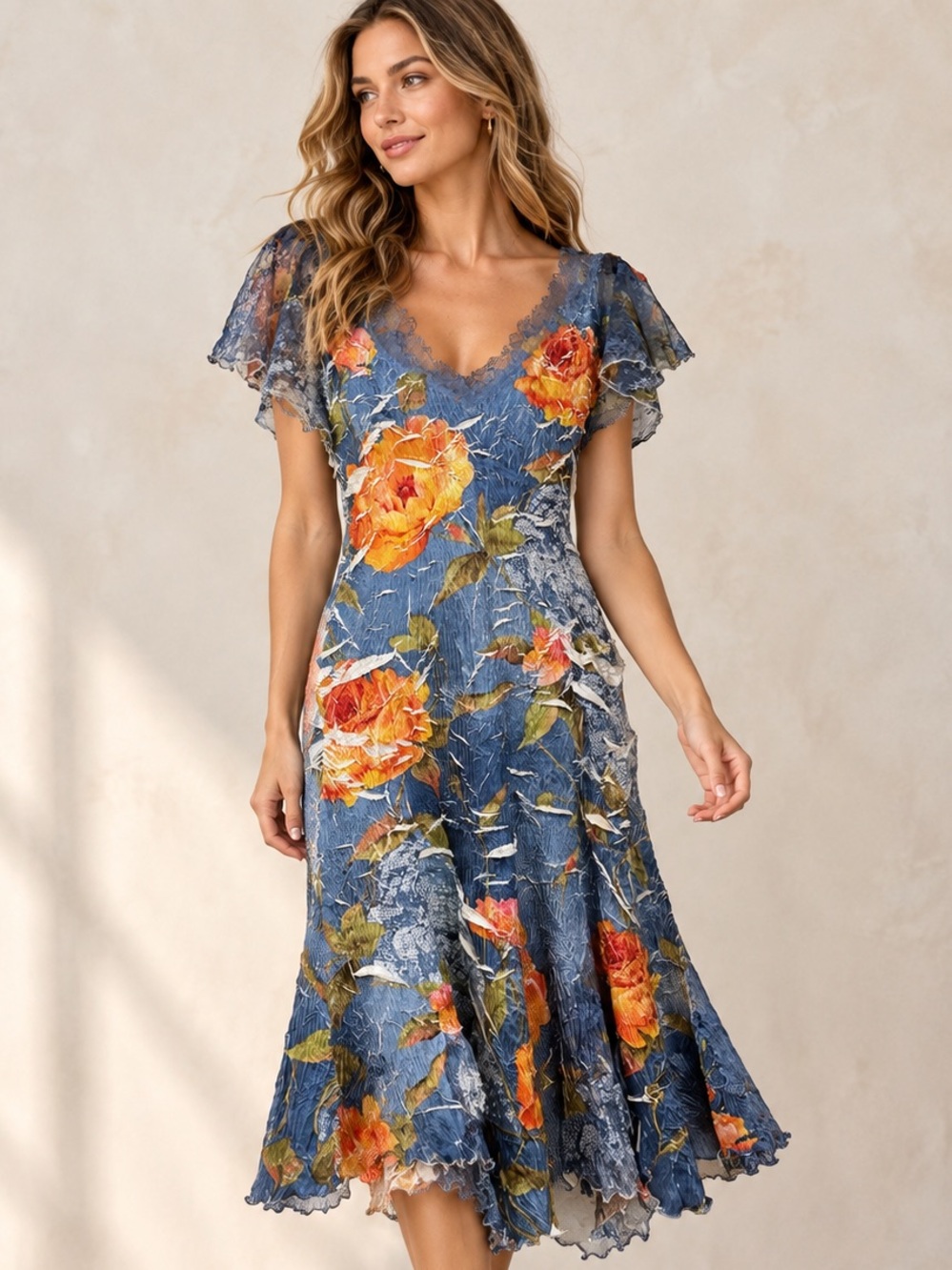 Komarov Size L Blue Floral Crinkle Lace Sleeve Midi Dress Romantic Cottagecore